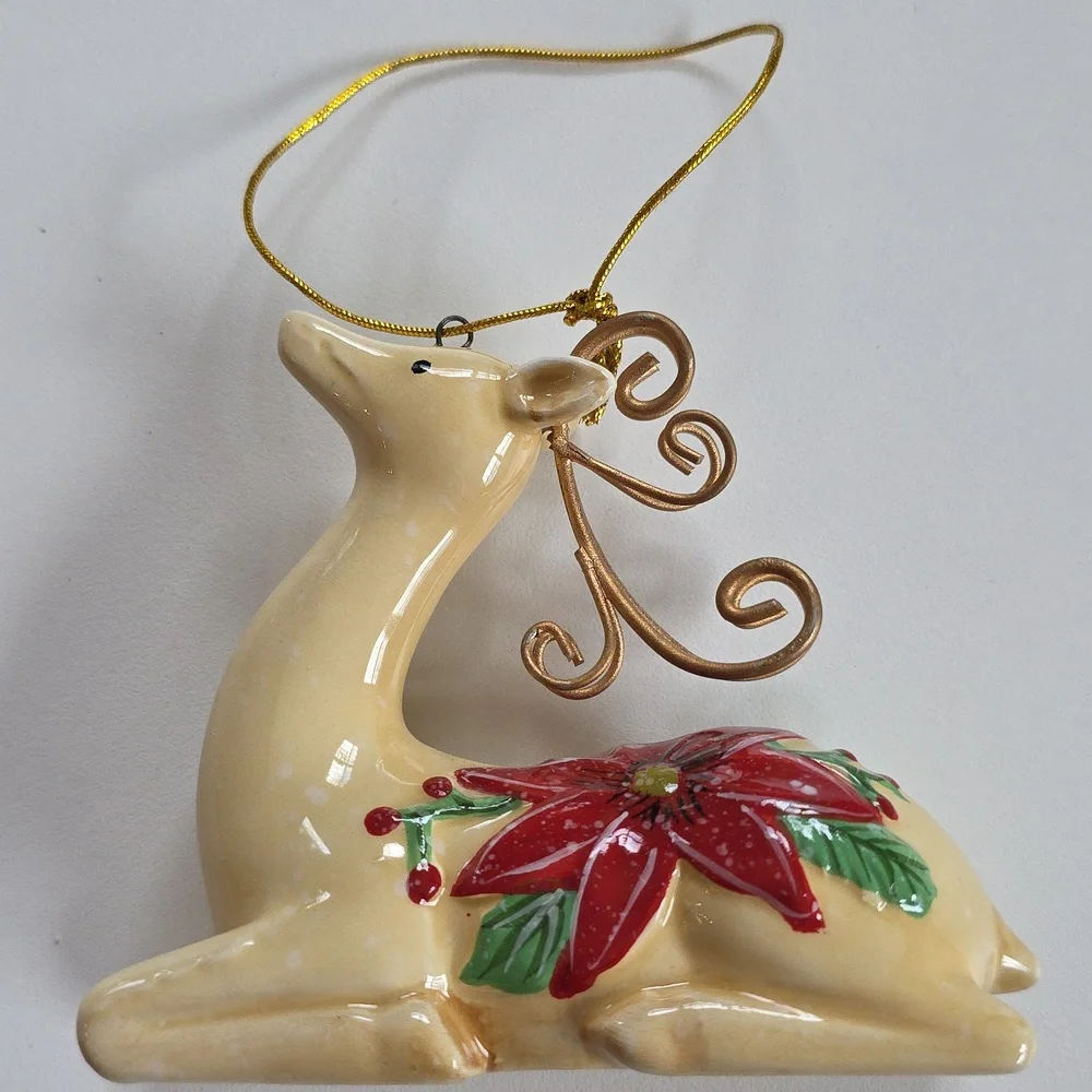 Holiday Reindeer Ornament with Red Flower Accents
